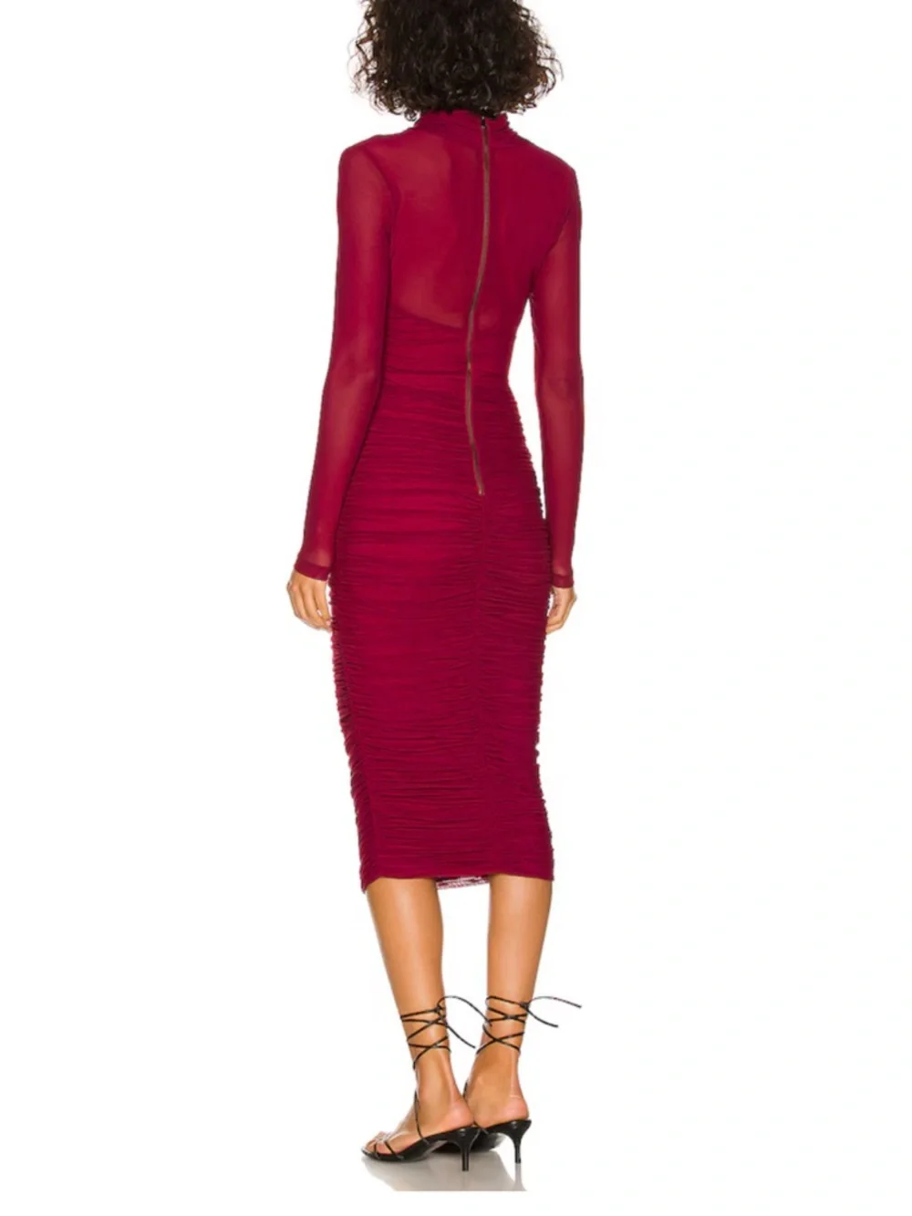 Bardot Wine Mesh-Sleeve Ruched Midi Dress - Picture 3 of 3